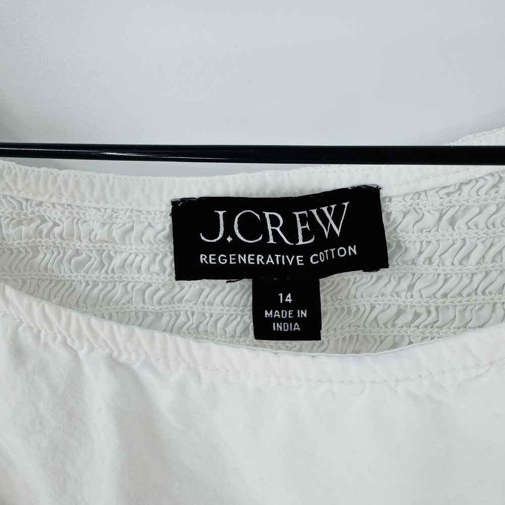 J. Crew White Cropped Puff Sleeve Top Size 14 Smocked Regenerative Cottin Poplin - Picture 3 of 8